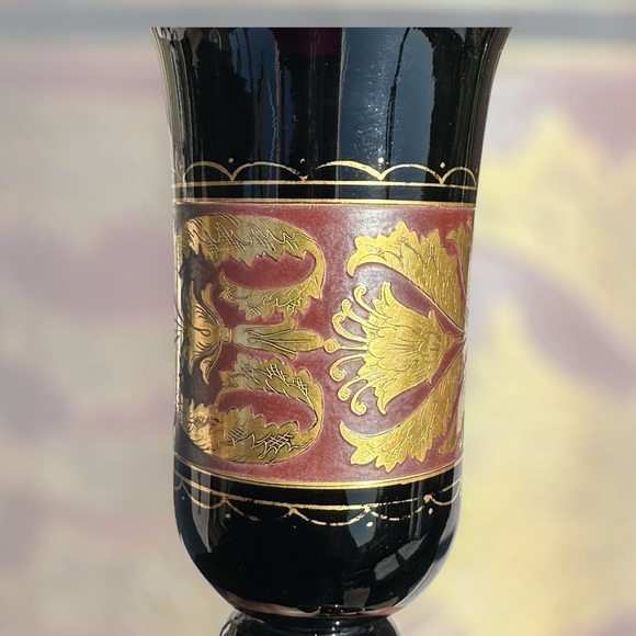 Antique Black purple art glass chalice 14k gold handpainted gold foil Persian - Picture 6 of 9